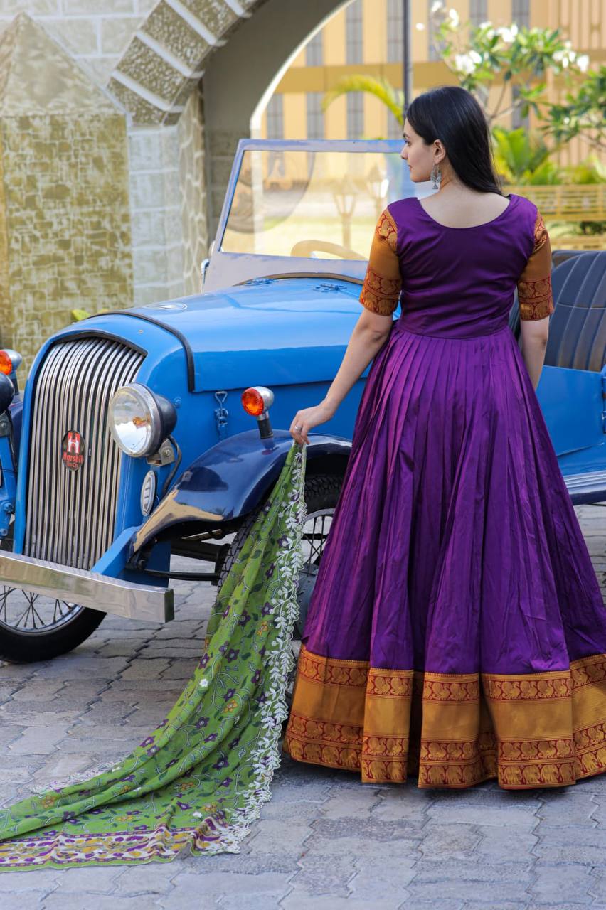Purpal Embroidered Work Weaving Silk Readymade Gown