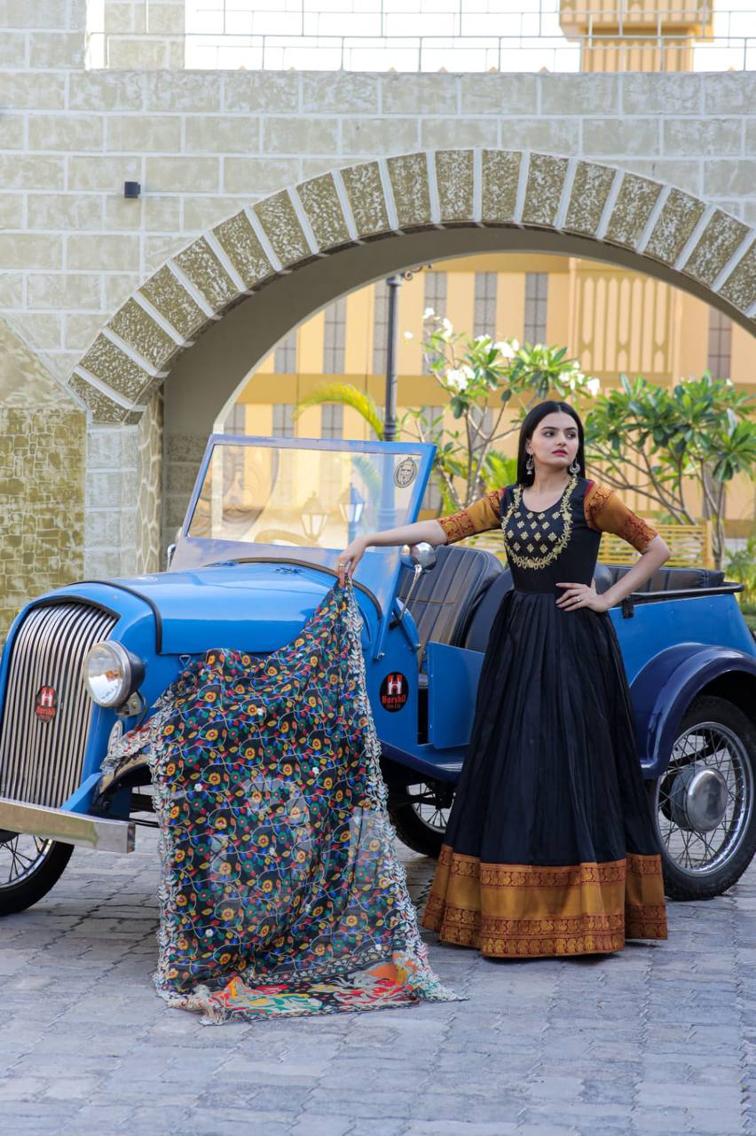 Black Embroidered Work Weaving Silk Readymade Gown