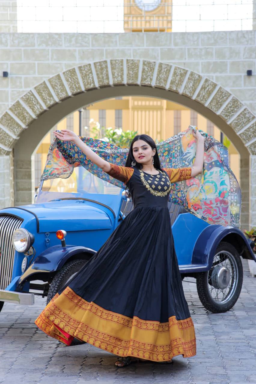 Black Embroidered Work Weaving Silk Readymade Gown