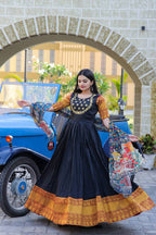 Black Embroidered Work Weaving Silk Readymade Gown