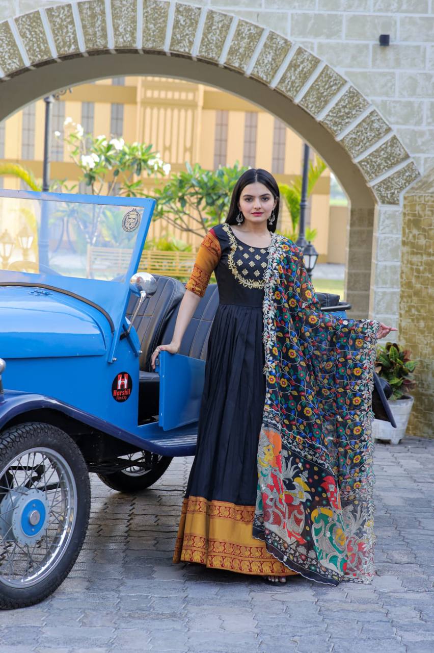 Black Embroidered Work Weaving Silk Readymade Gown