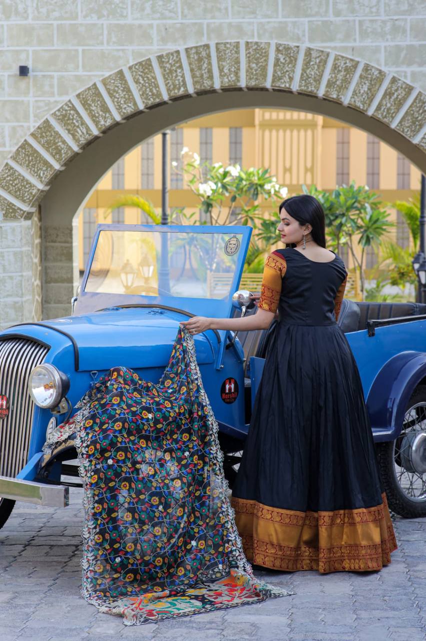 Black Embroidered Work Weaving Silk Readymade Gown