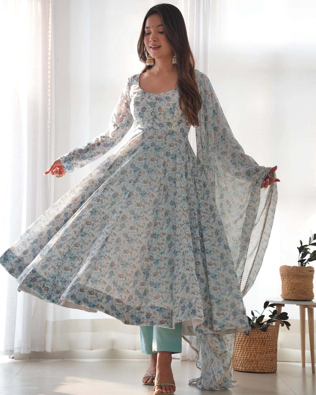 Sky Blue Heavy Orange Chiffon Floral Print Salwar Suit