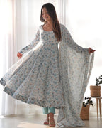 Sky Blue Heavy Orange Chiffon Floral Print Salwar Suit