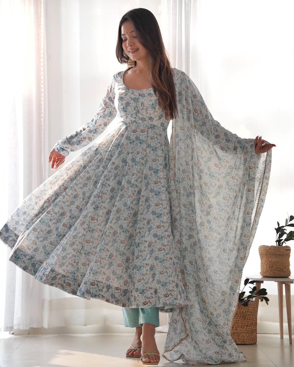 Sky Blue Heavy Orange Chiffon Floral Print Salwar Suit