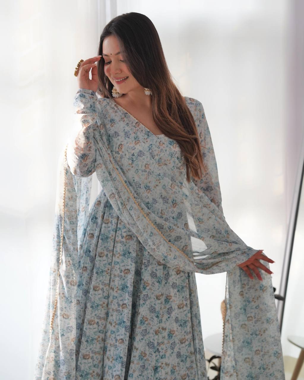 Sky Blue Heavy Orange Chiffon Floral Print Salwar Suit