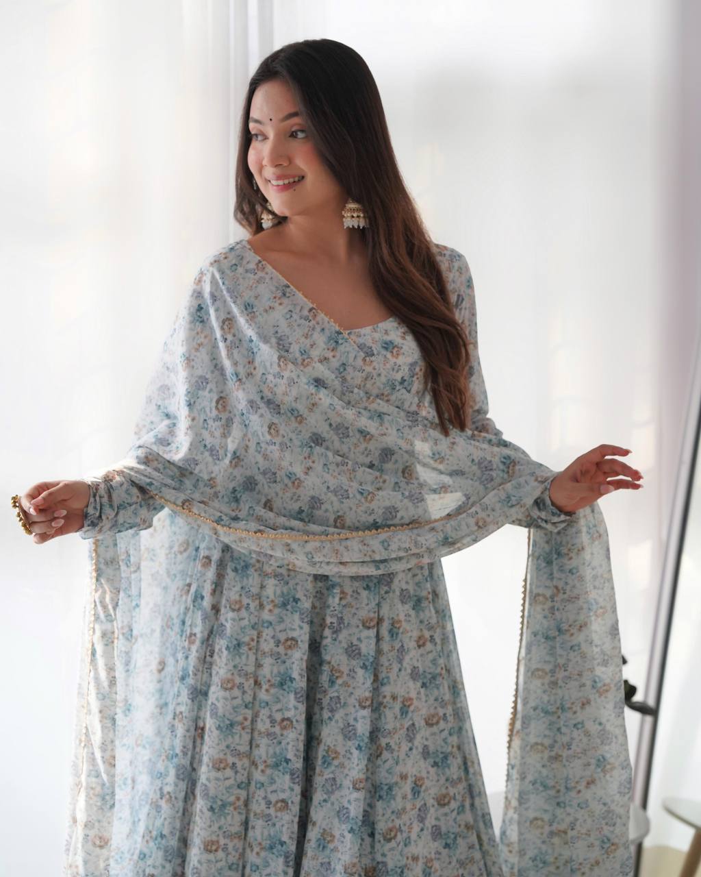 Sky Blue Heavy Orange Chiffon Floral Print Salwar Suit