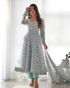 Sky Blue Heavy Orange Chiffon Floral Print Salwar Suit