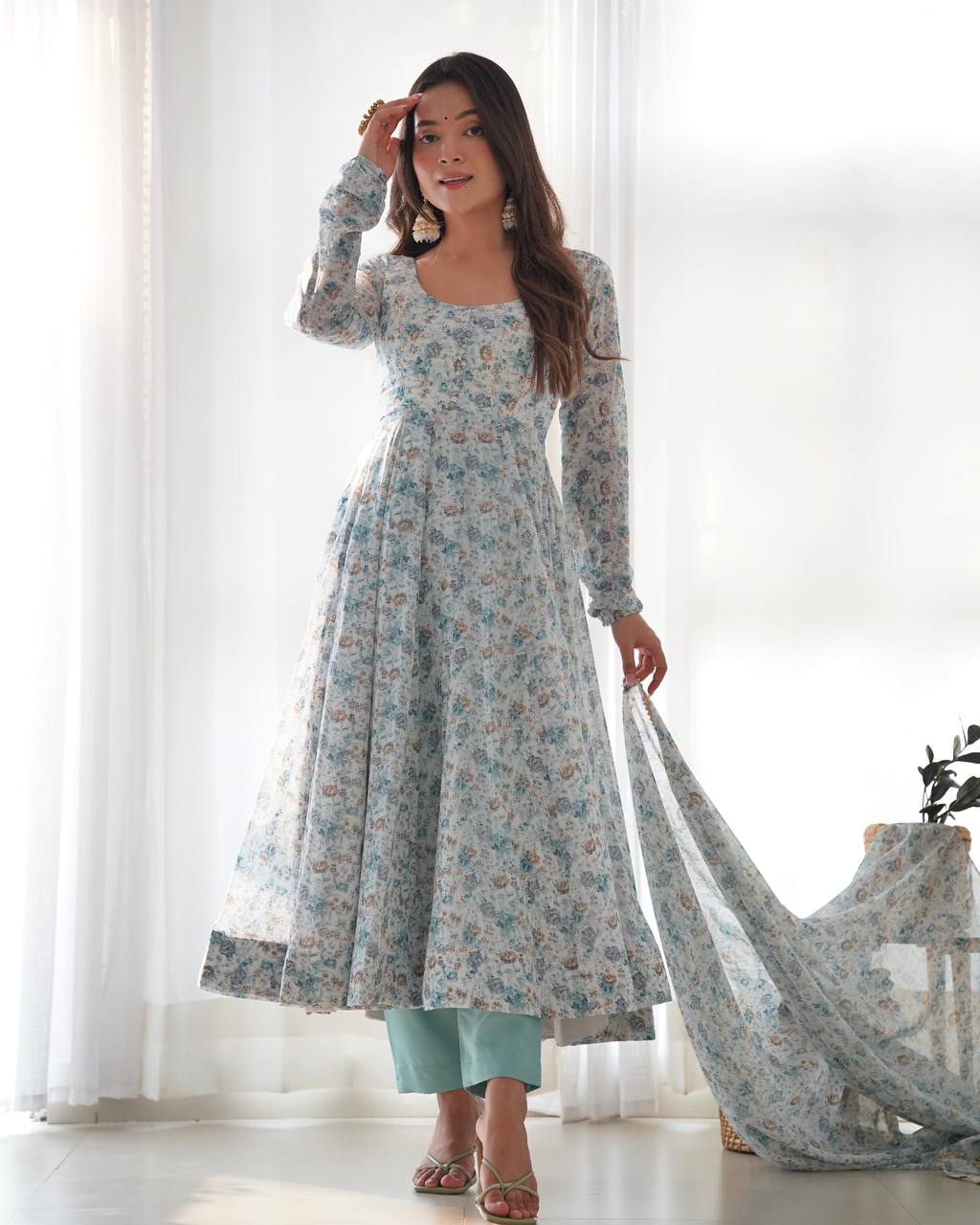Sky Blue Heavy Orange Chiffon Floral Print Salwar Suit