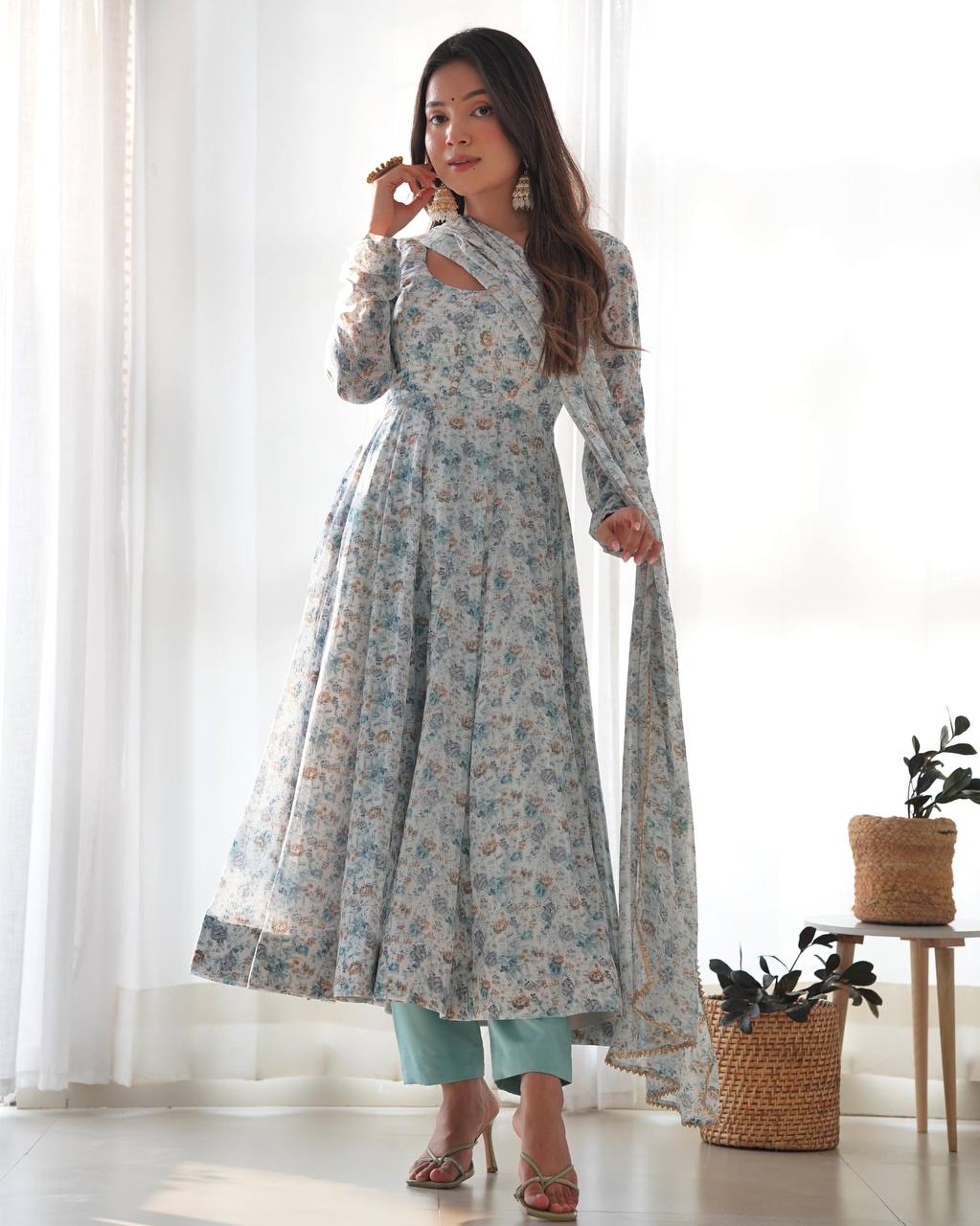 Sky Blue Heavy Orange Chiffon Floral Print Salwar Suit