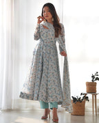 Sky Blue Heavy Orange Chiffon Floral Print Salwar Suit