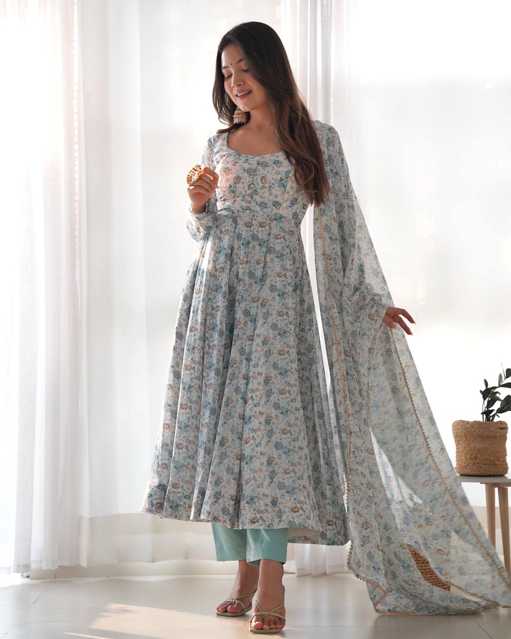 Sky Blue Heavy Orange Chiffon Floral Print Salwar Suit