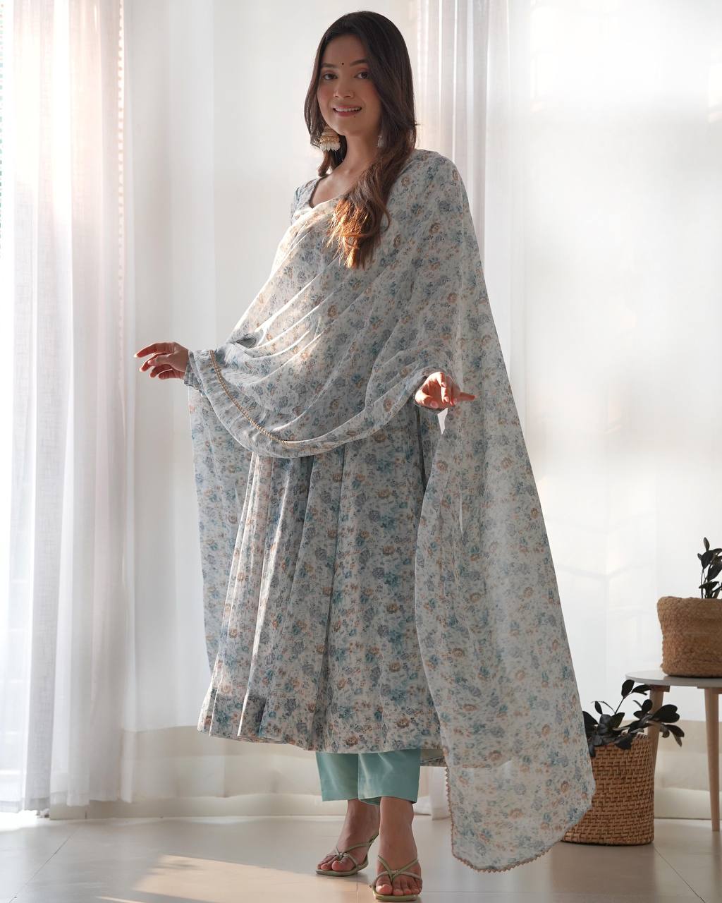 Sky Blue Heavy Orange Chiffon Floral Print Salwar Suit