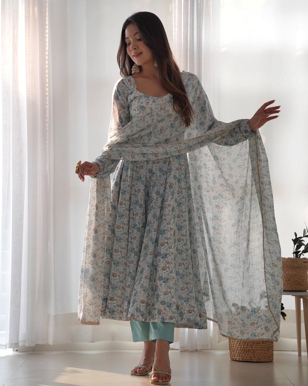 Sky Blue Heavy Orange Chiffon Floral Print Salwar Suit
