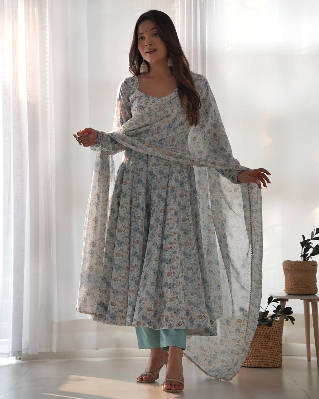 Sky Blue Heavy Orange Chiffon Floral Print Salwar Suit