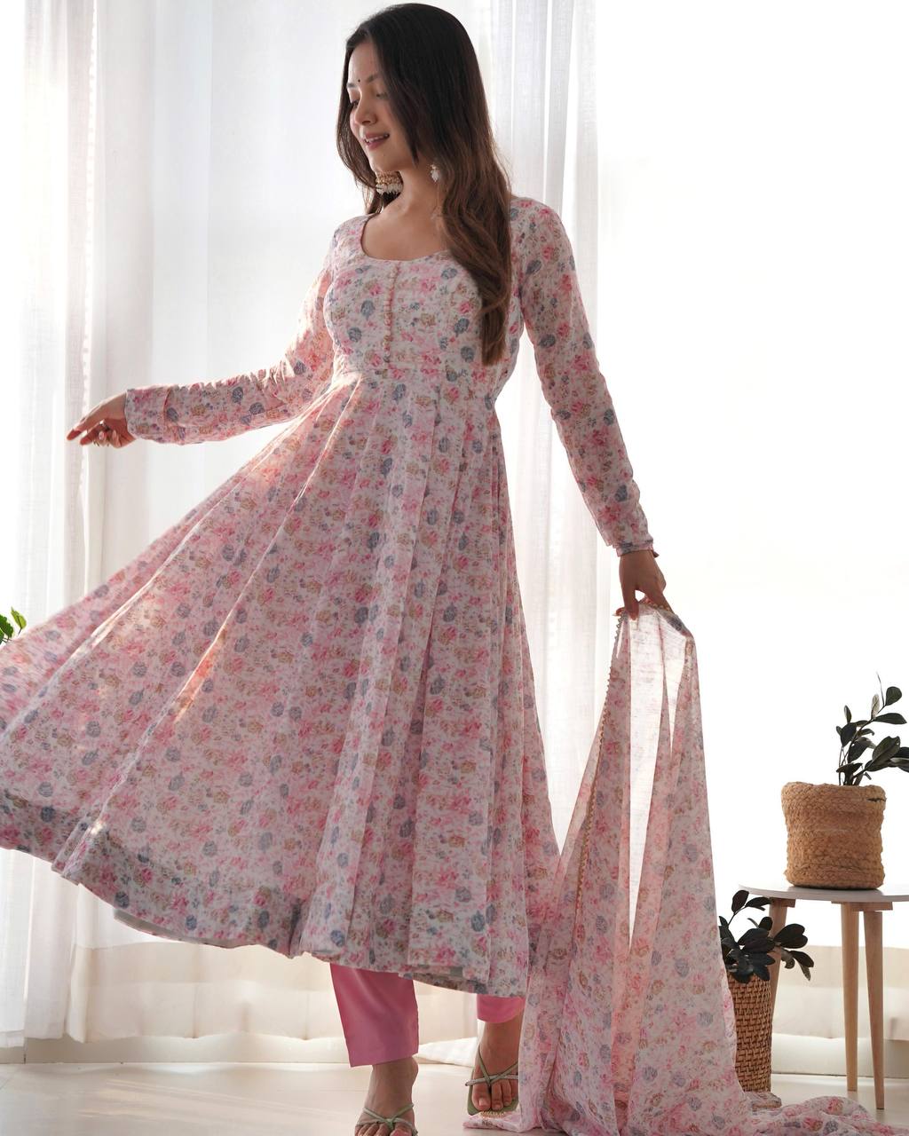 Pink Heavy Orange Chiffon Floral Print Salwar Suit