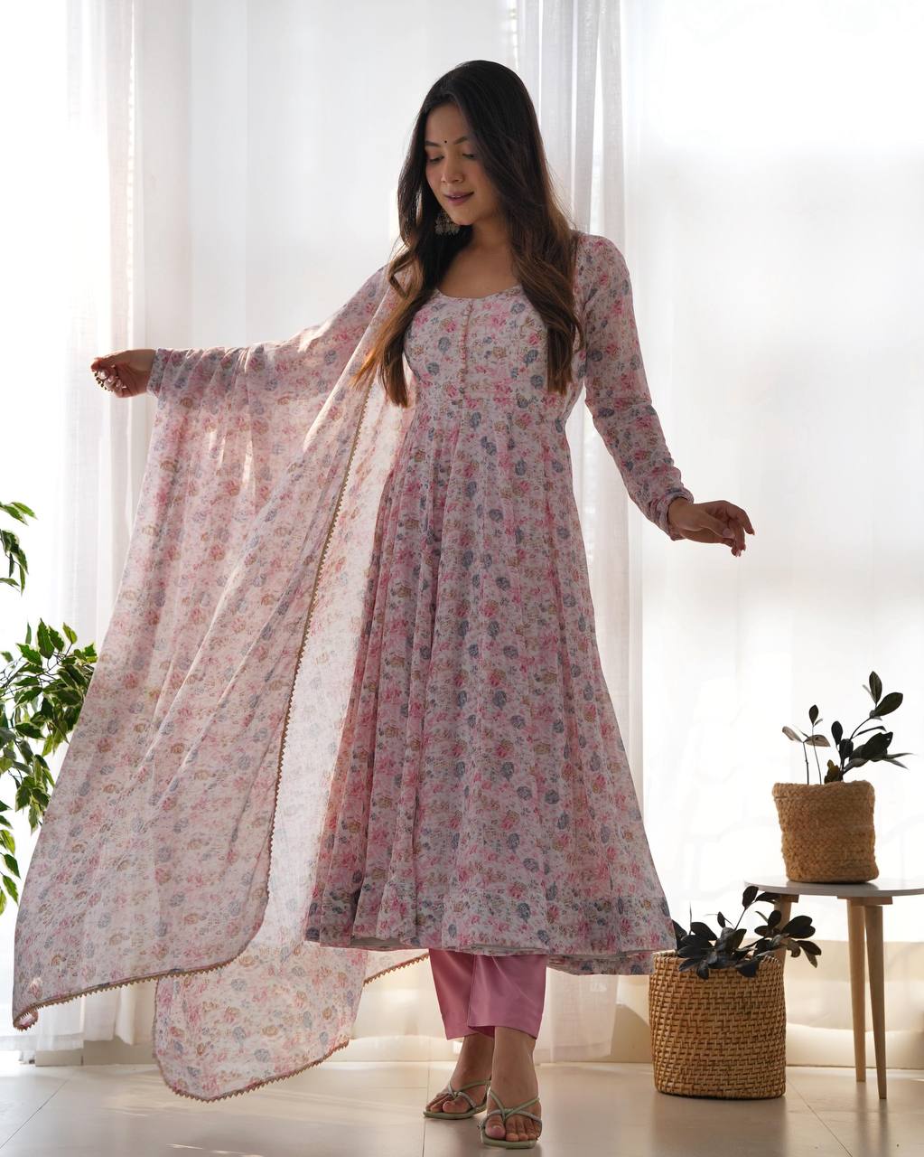 Pink Heavy Orange Chiffon Floral Print Salwar Suit