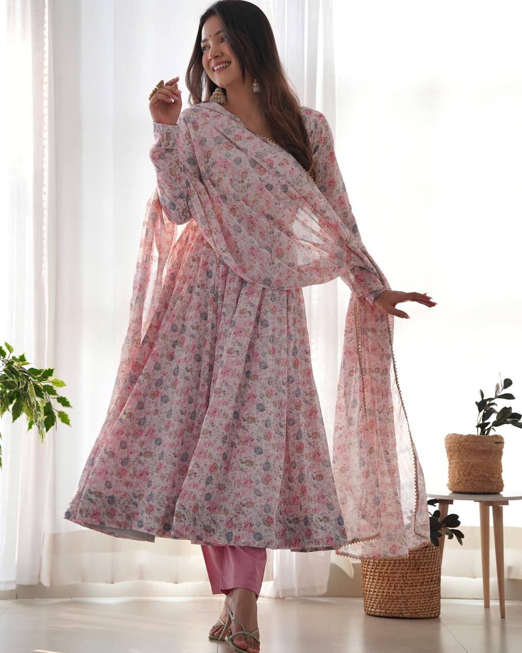 Pink Heavy Orange Chiffon Floral Print Salwar Suit