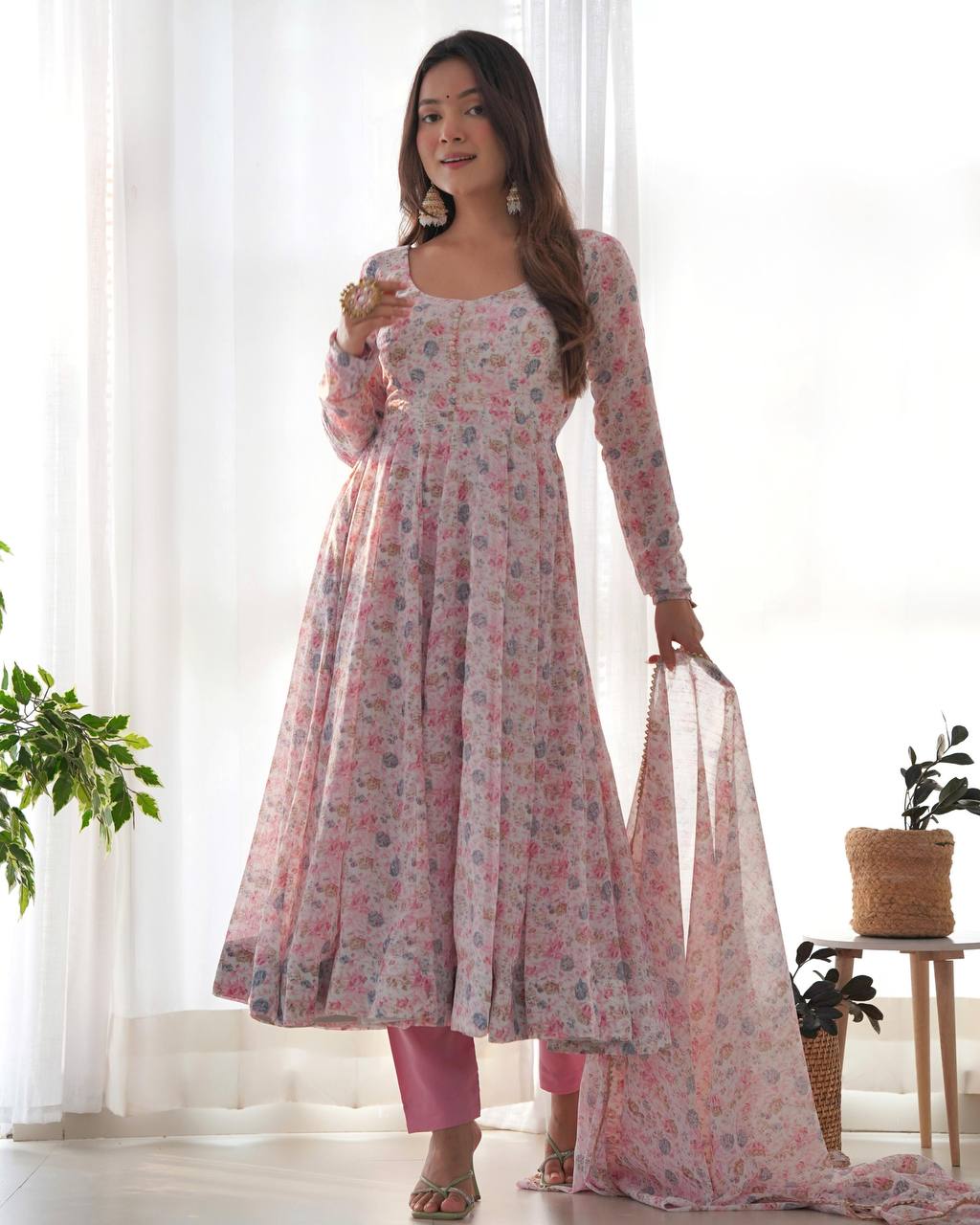 Pink Heavy Orange Chiffon Floral Print Salwar Suit