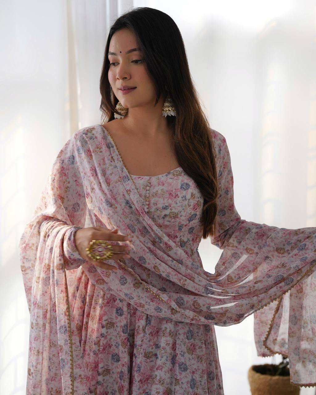 Pink Heavy Orange Chiffon Floral Print Salwar Suit