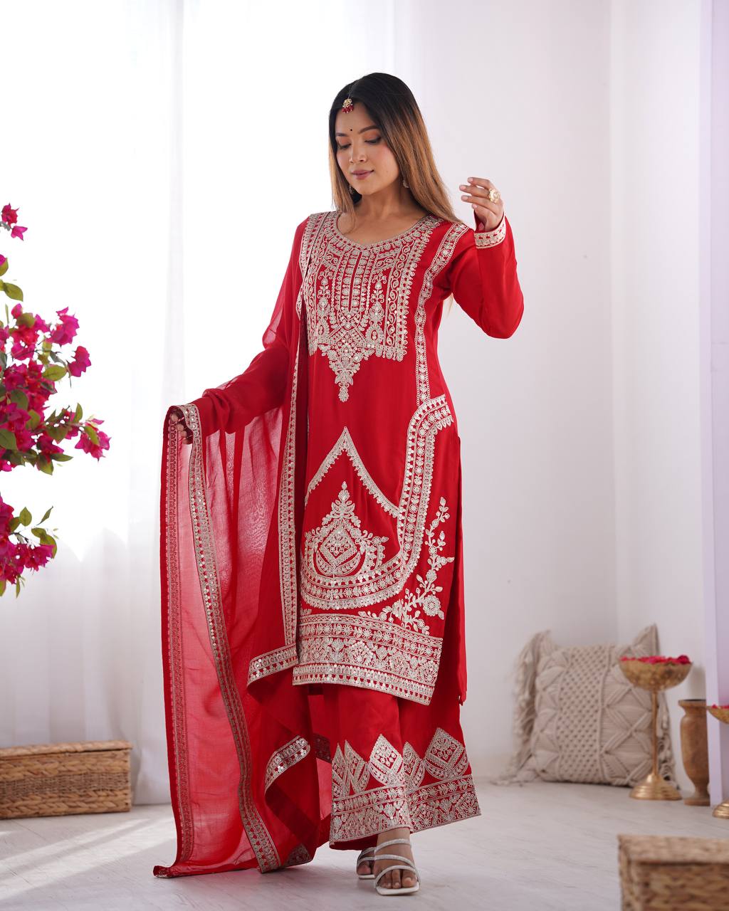 Maroon Vichitra Silk Fabric With Beautiful Embroidery Sequence And Dori Work Suit Set