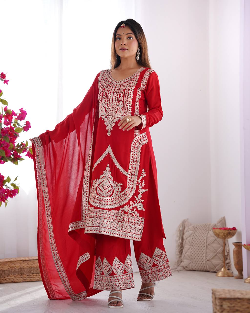 Maroon Vichitra Silk Fabric With Beautiful Embroidery Sequence And Dori Work Suit Set
