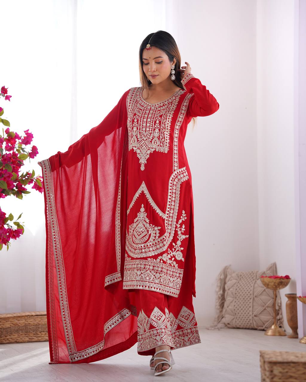 Maroon Vichitra Silk Fabric With Beautiful Embroidery Sequence And Dori Work Suit Set