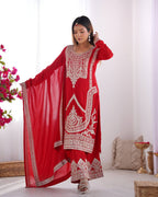Maroon Vichitra Silk Fabric With Beautiful Embroidery Sequence And Dori Work Suit Set