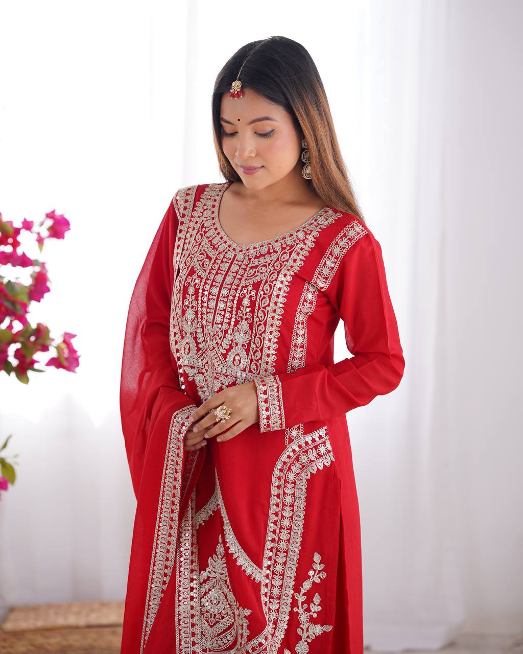 Maroon Vichitra Silk Fabric With Beautiful Embroidery Sequence And Dori Work Suit Set
