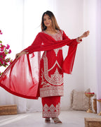 Maroon Vichitra Silk Fabric With Beautiful Embroidery Sequence And Dori Work Suit Set