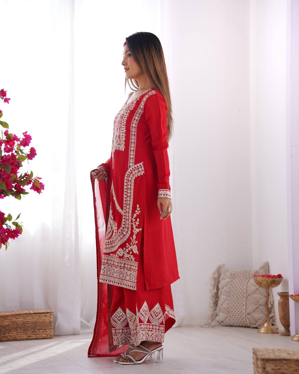 Maroon Vichitra Silk Fabric With Beautiful Embroidery Sequence And Dori Work Suit Set