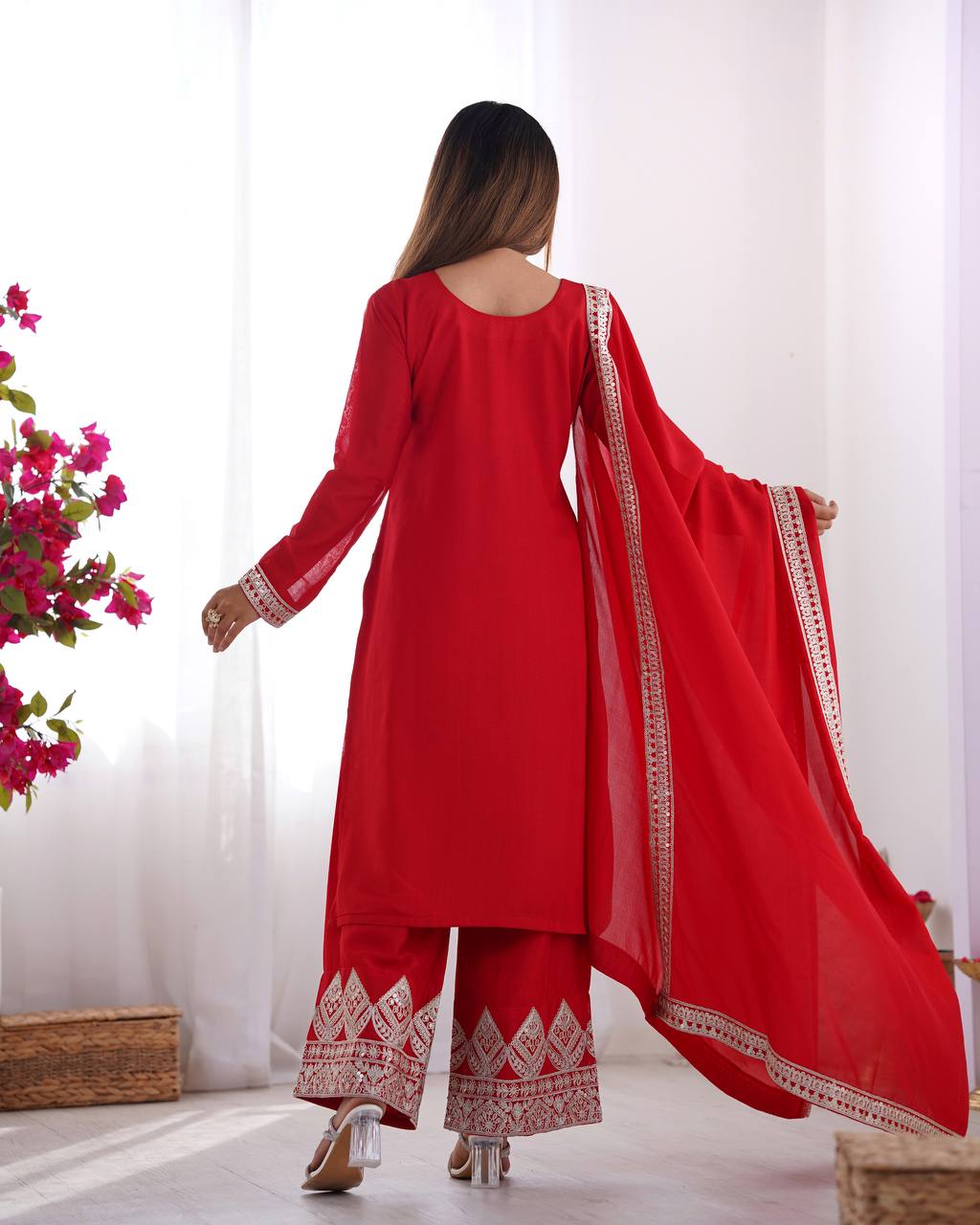 Maroon Vichitra Silk Fabric With Beautiful Embroidery Sequence And Dori Work Suit Set
