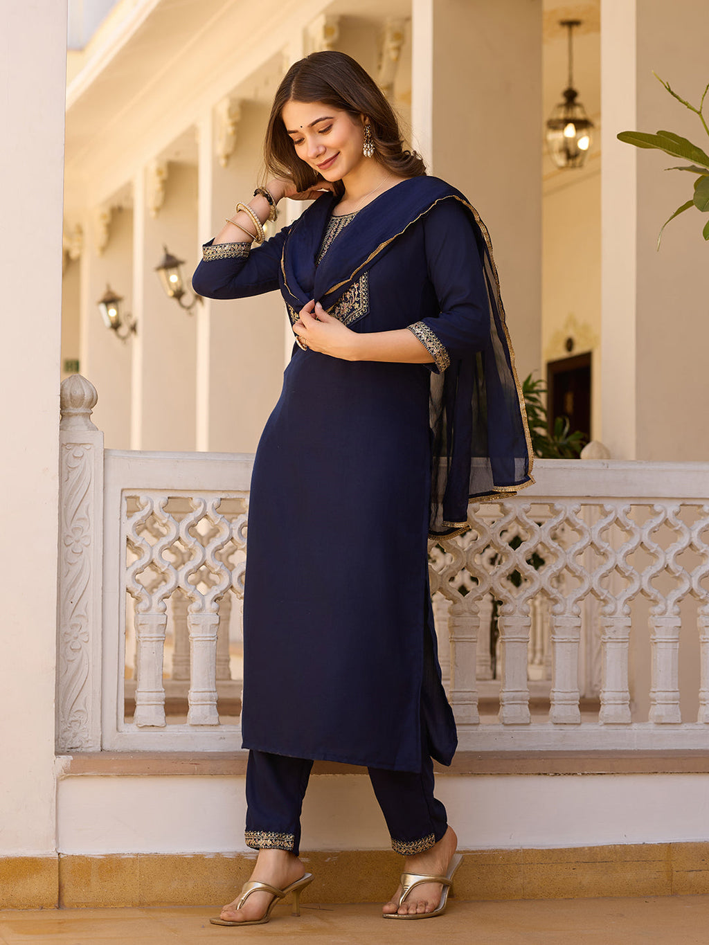 Beautiful Navy Blue Color Rayon Fabric Kurtis Pant Set