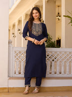Beautiful Navy Blue Color Rayon Fabric Kurtis Pant Set