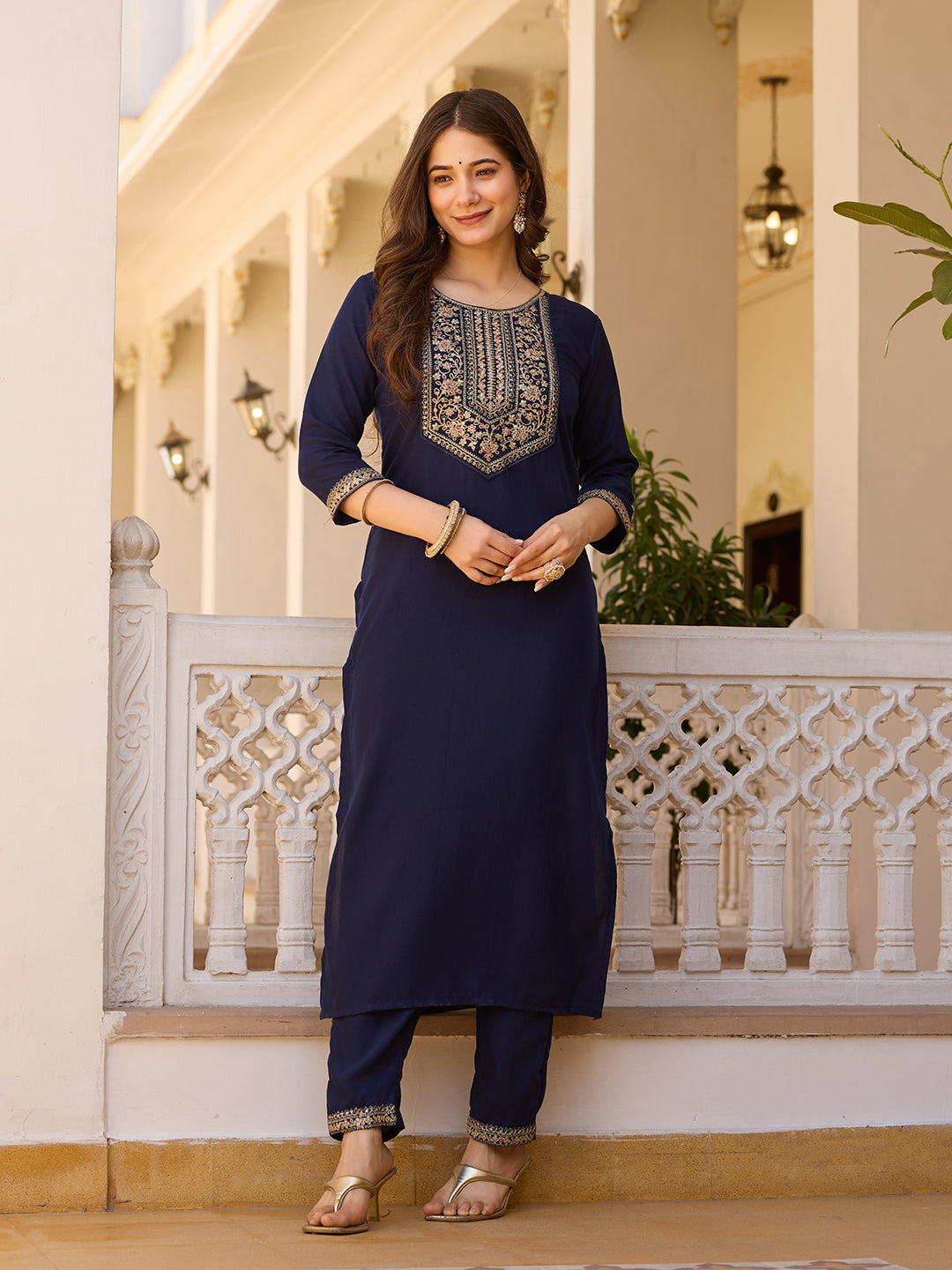 Beautiful Navy Blue Color Rayon Fabric Kurtis Pant Set