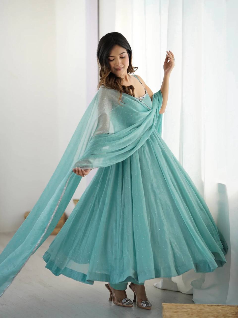 Aqua blue designer party wear crunchy silk anarkali suit with swarovski work, pants & dupatta stitched