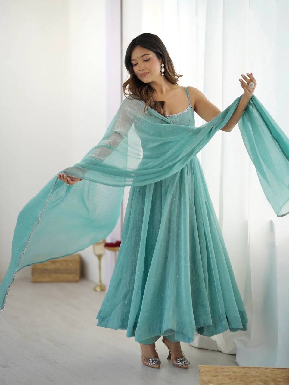 Aqua blue designer party wear crunchy silk anarkali suit with swarovski work, pants & dupatta stitched