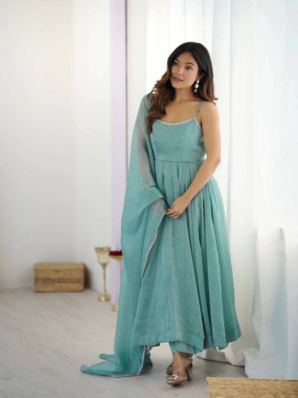 Aqua blue designer party wear crunchy silk anarkali suit with swarovski work, pants & dupatta stitched