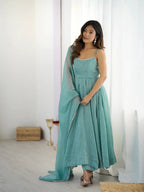 Aqua blue designer party wear crunchy silk anarkali suit with swarovski work, pants & dupatta stitched