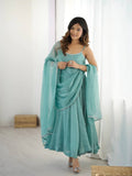 Aqua blue designer party wear crunchy silk anarkali suit with swarovski work, pants & dupatta stitched
