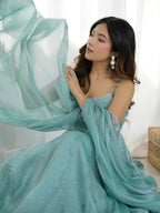 Aqua blue designer party wear crunchy silk anarkali suit with swarovski work, pants & dupatta stitched