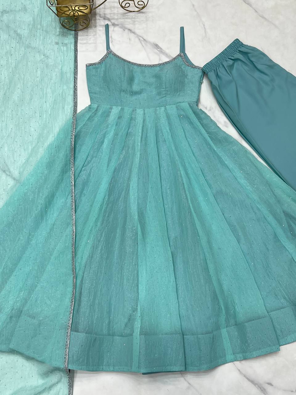 Aqua blue designer party wear crunchy silk anarkali suit with swarovski work, pants & dupatta stitched