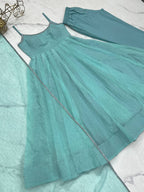 Aqua blue designer party wear crunchy silk anarkali suit with swarovski work, pants & dupatta stitched