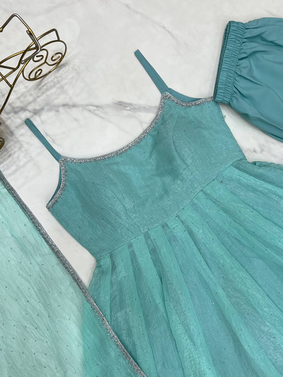 Aqua blue designer party wear crunchy silk anarkali suit with swarovski work, pants & dupatta stitched
