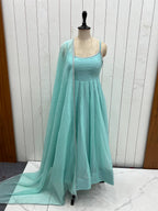 Aqua blue designer party wear crunchy silk anarkali suit with swarovski work, pants & dupatta stitched