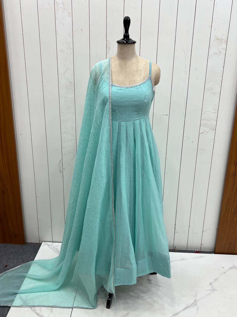 Aqua blue designer party wear crunchy silk anarkali suit with swarovski work, pants & dupatta stitched
