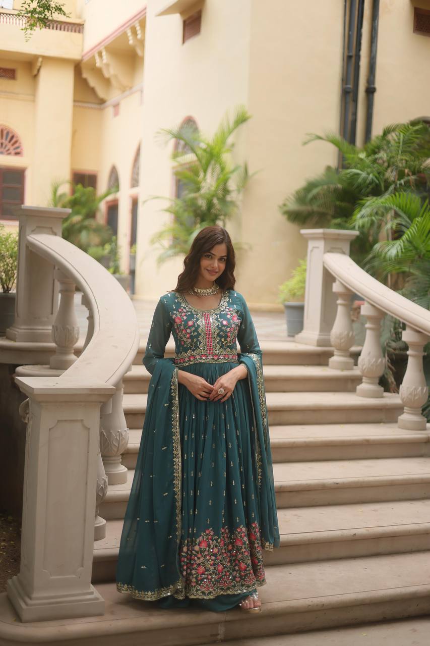 Teal Blue Premium Designer Ready-to-Wear Top-Sharara-Dupatta Collection