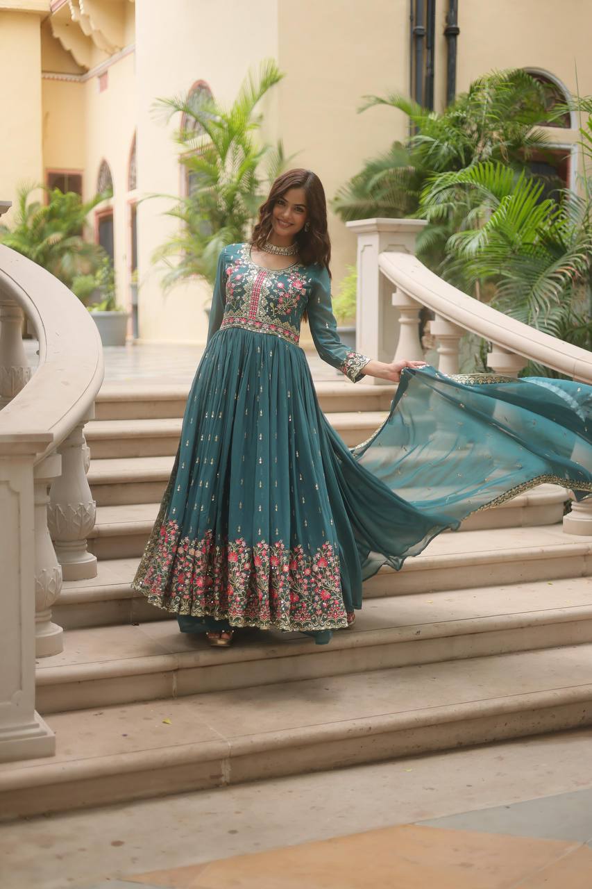 Teal Blue Premium Designer Ready-to-Wear Top-Sharara-Dupatta Collection