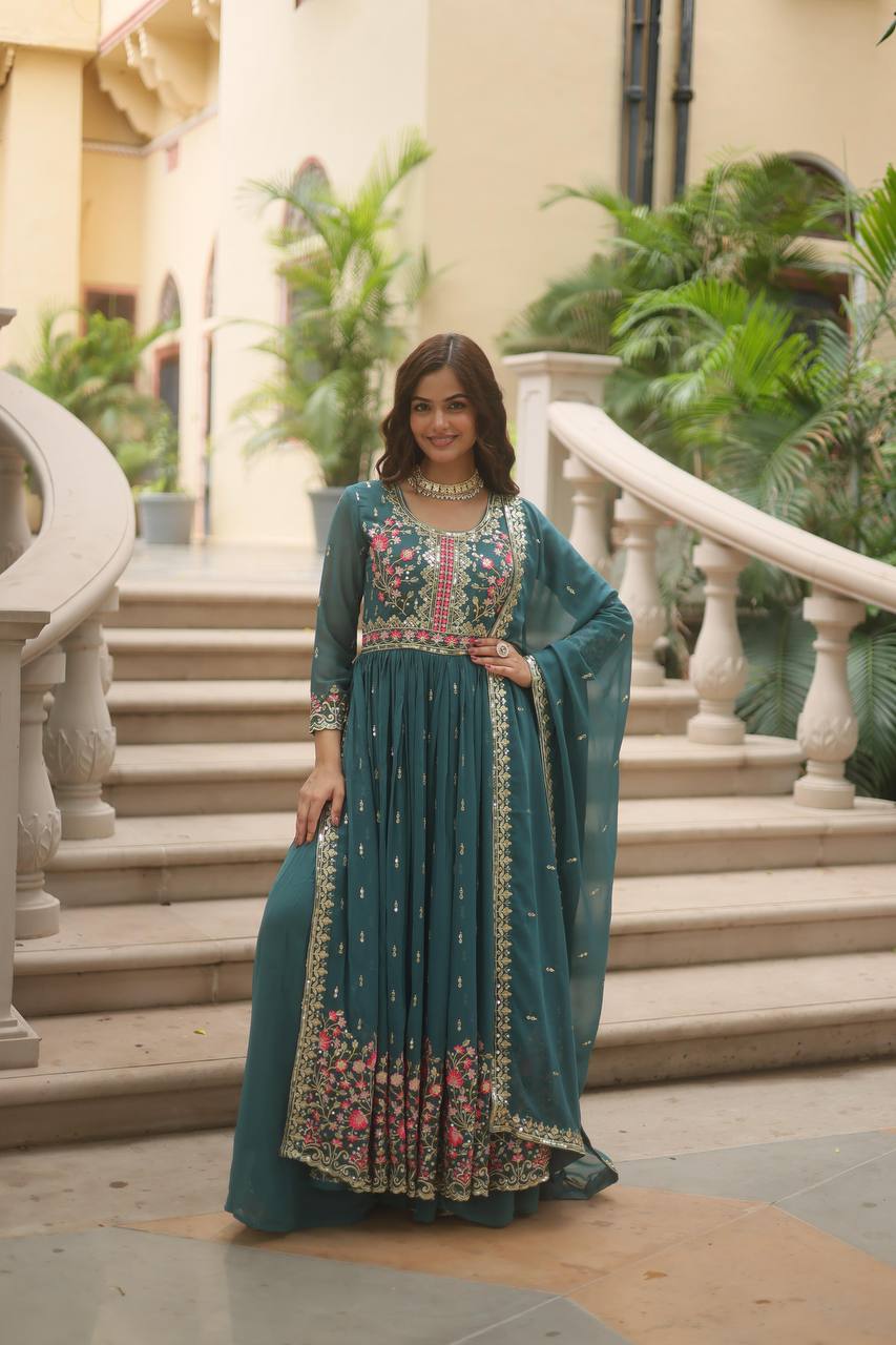 Teal Blue Premium Designer Ready-to-Wear Top-Sharara-Dupatta Collection