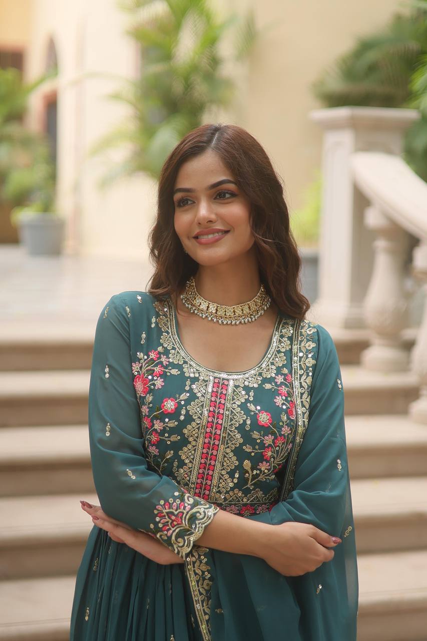 Teal Blue Premium Designer Ready-to-Wear Top-Sharara-Dupatta Collection